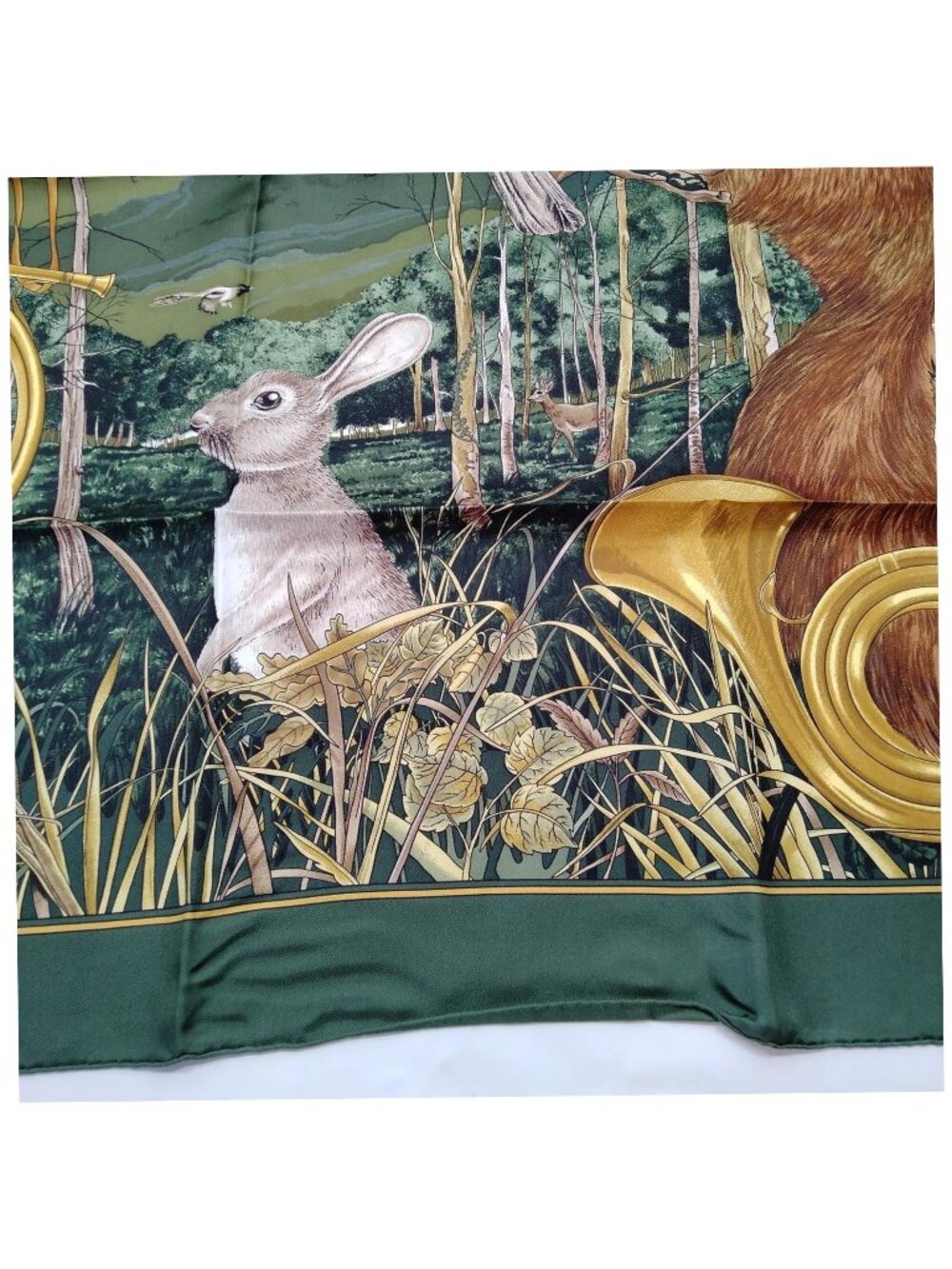 Authentic Hermès Chasse au Bois Carré 90 Silk Scarf Green Hunting Print Made in - Picture 6 of 10